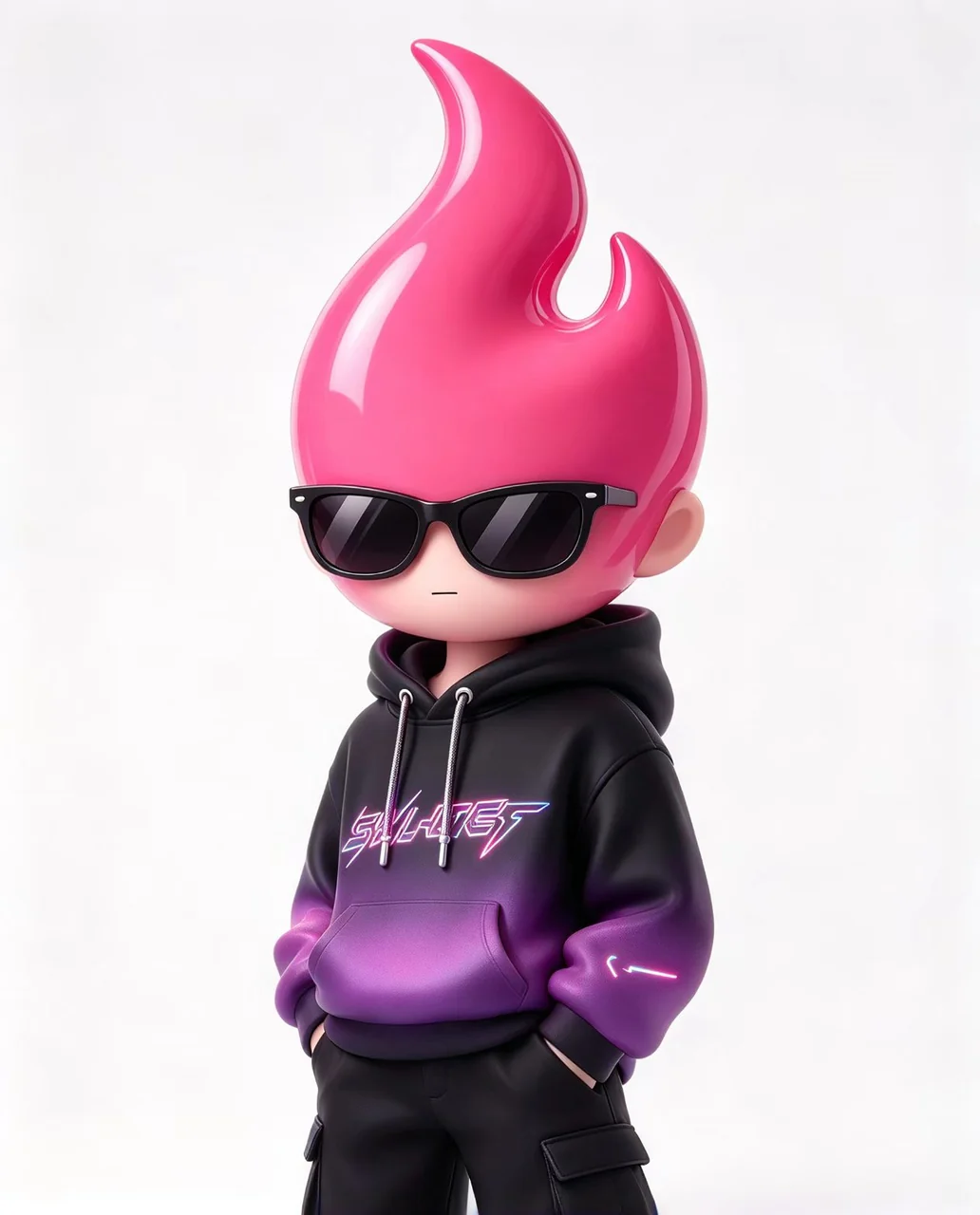 Community-made pink flame character in sunglasses and a black-to-purple hoodie